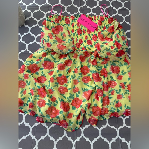 BETSEY JOHNSON Babydoll Yellow Floral Off-Shoulder Puffy Sleeve Mini Dress - Picture 2 of 8